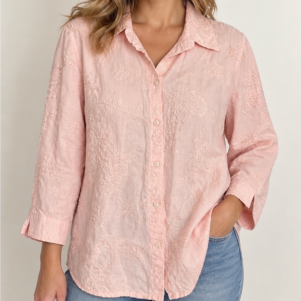 Edward Vintage 100% Linen Shirt Large Pink Paisley Embroidered Button Front Boho